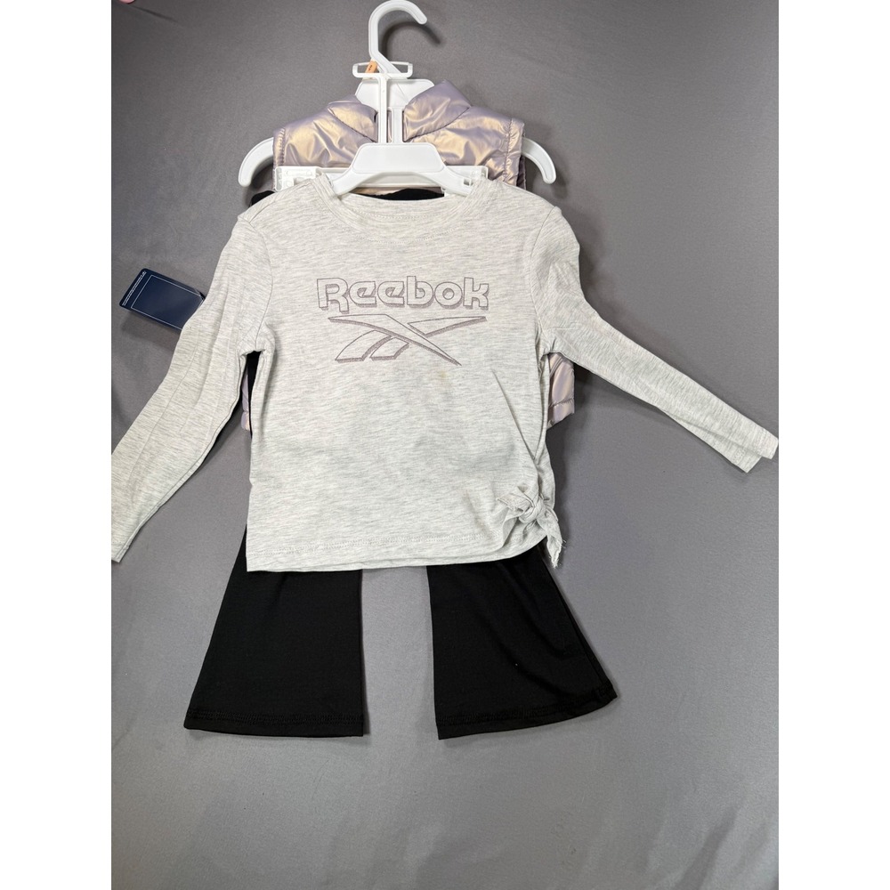 NWT Reebok 3-Piece Set Metallic Puffer Vest Graphic Tee Flared Pants Black 2T